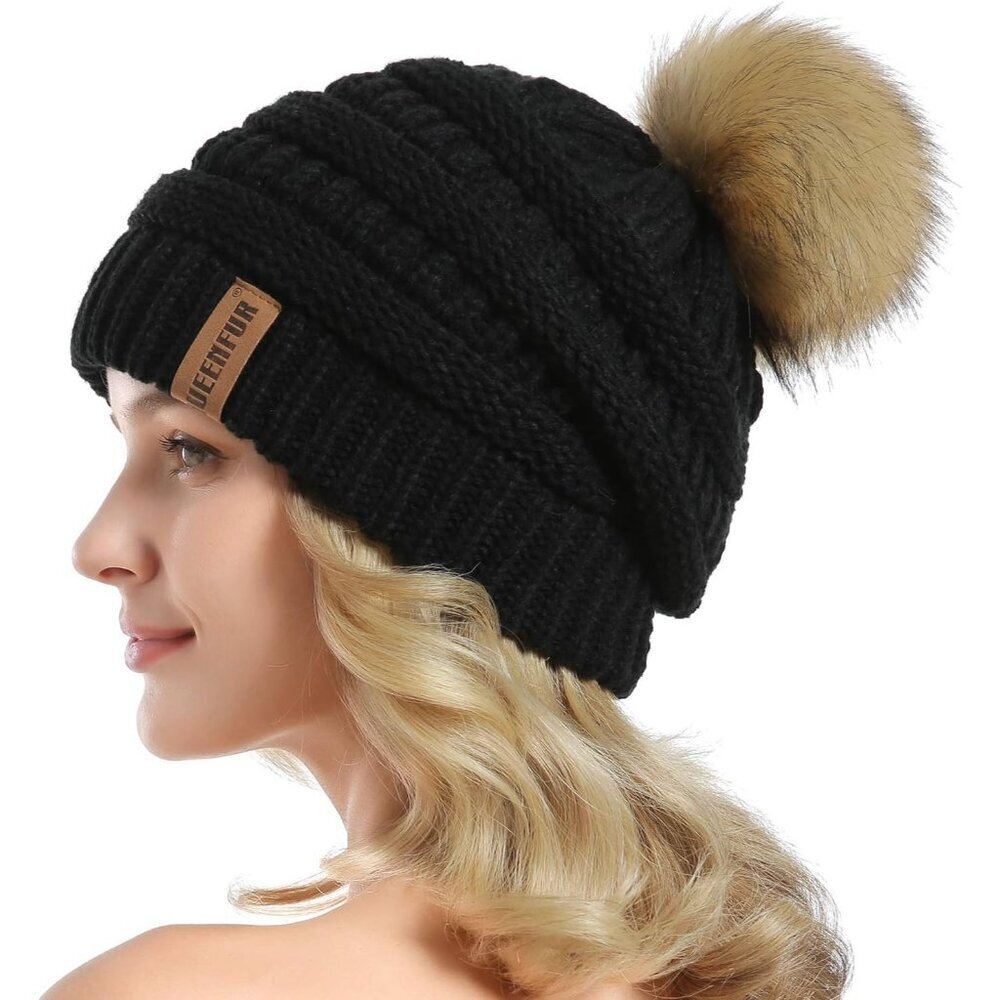 Women Black 2 Soft Acrylic Thick Baggy Knit Winter Faux Fur Pompom Beanie